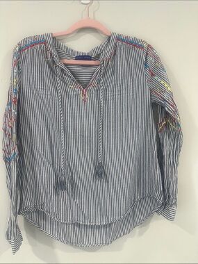 Simply styled by sears Striped Embroidered Peasant Blouse - Blue/White size M